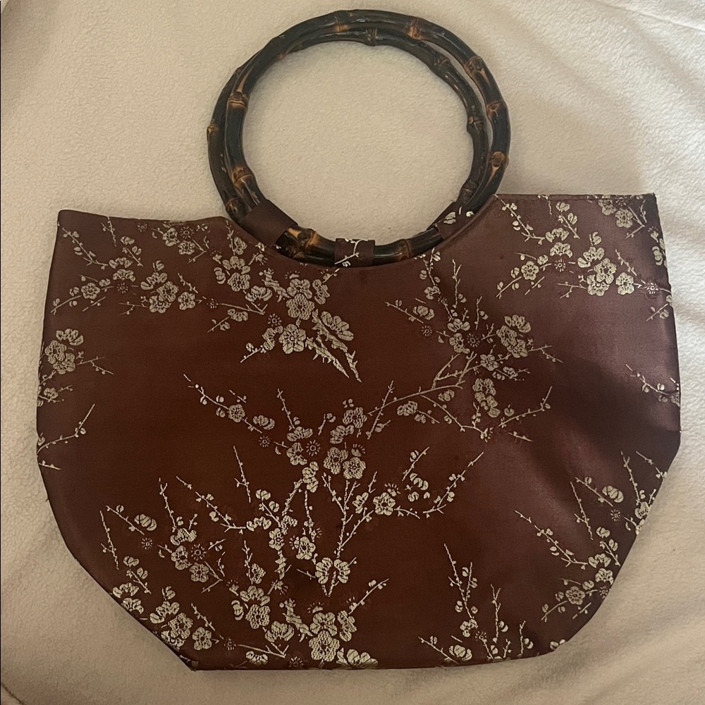 Elegant Brown Floral Bamboo-Handle Tote Bag